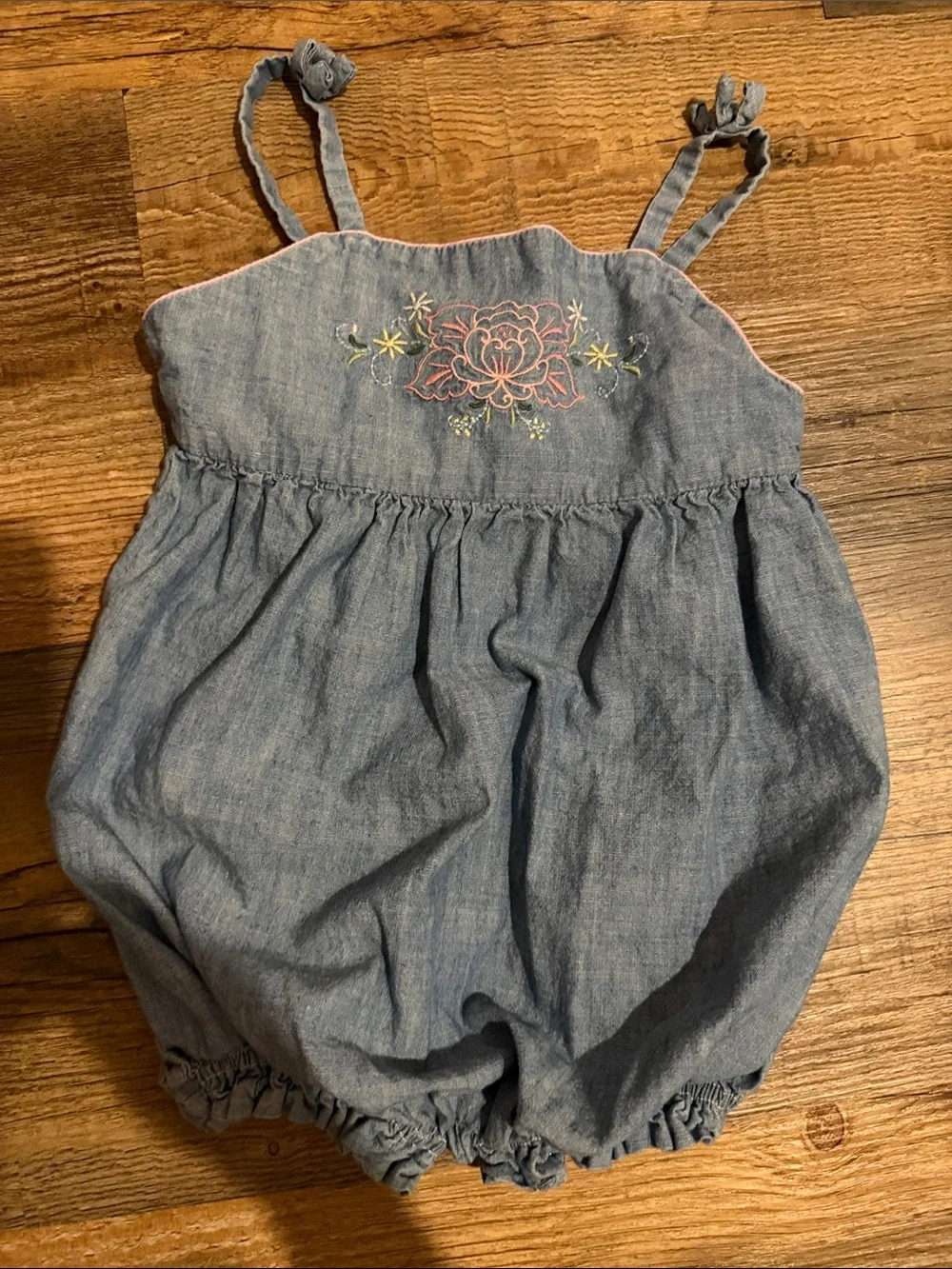 Ralph Lauren Light Blue Chambray Embroidered Baby Romper